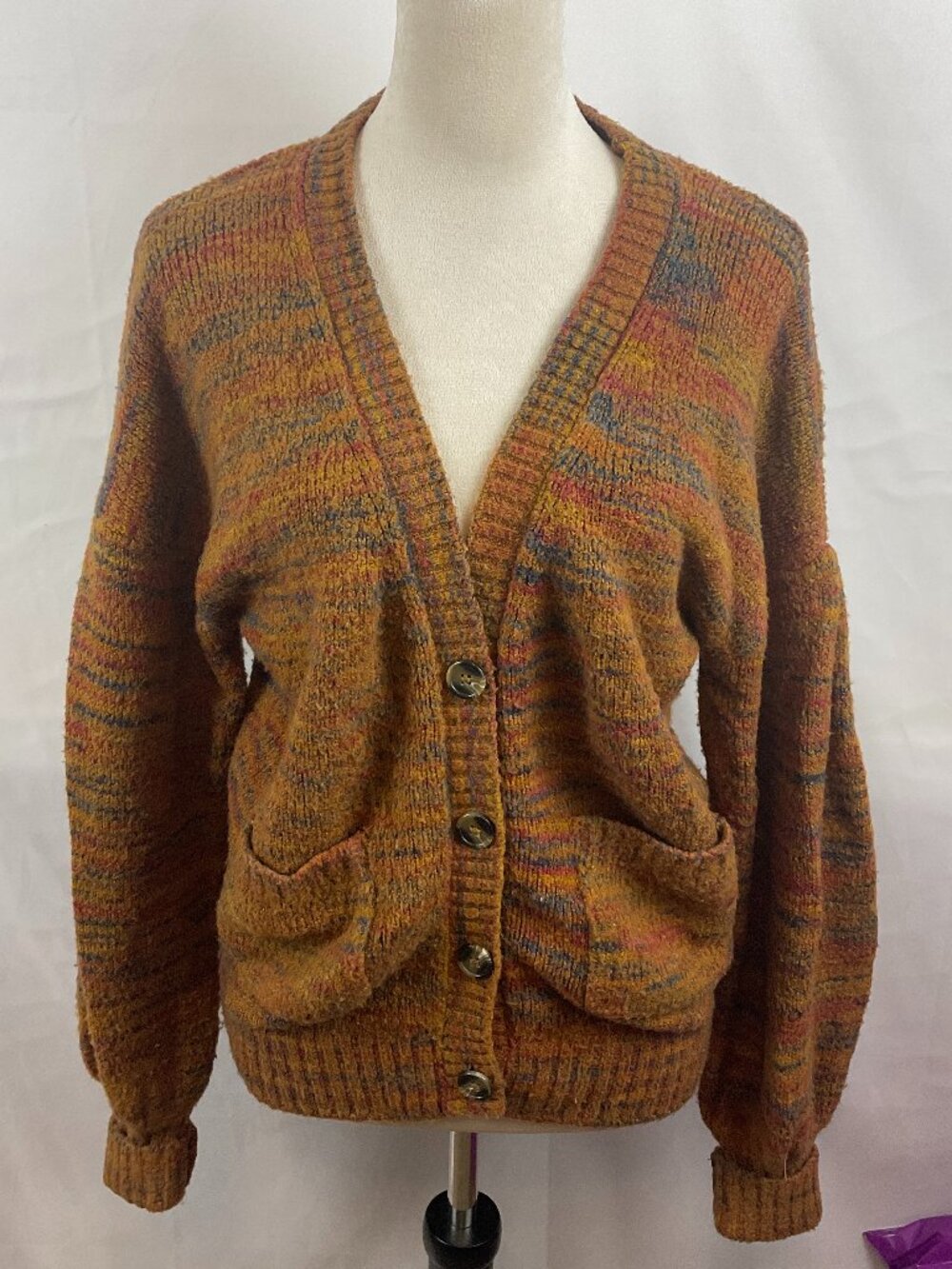 For Love & Lemons Cardigan Sweater M Tan Blue Magenta Half Button Long Sleeve